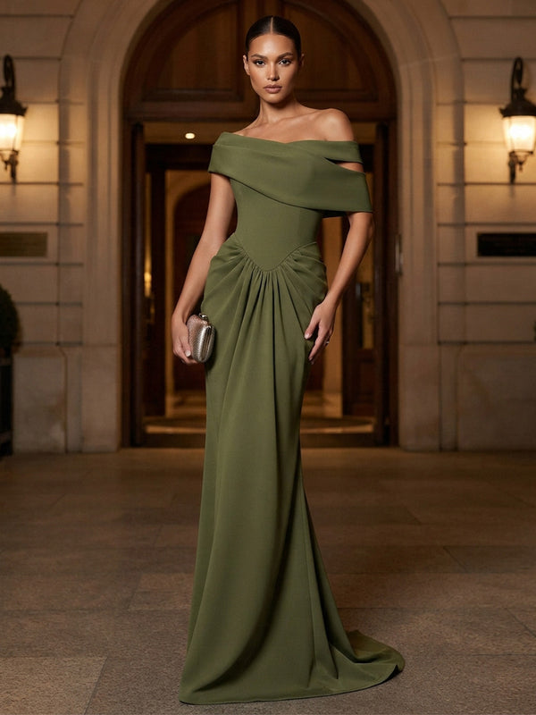 Mermaid/Trumpet Off Shoulder Stretch Jersey Maxi Formal Dresses with Ruched Waist & Sweep Train