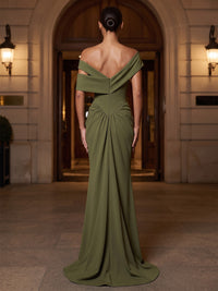 Mermaid/Trumpet Off Shoulder Stretch Jersey Maxi Formal Dresses with Ruched Waist & Sweep Train