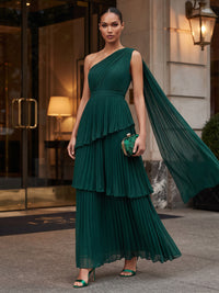 A-Line/Princess One Shoulder Chiffon Maxi Formal Dresses with Ruffles, Pleats & Side Sash