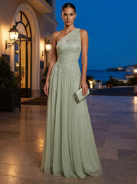 A-Line/Princess One Shoulder Chiffon Maxi Formal Dresses with Lace Appliques, Ruched Waist & Pleats