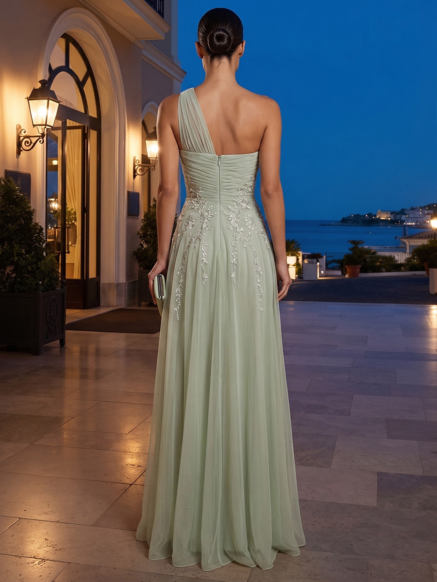 A-Line/Princess One Shoulder Chiffon Maxi Formal Dresses with Lace Appliques, Ruched Waist & Pleats