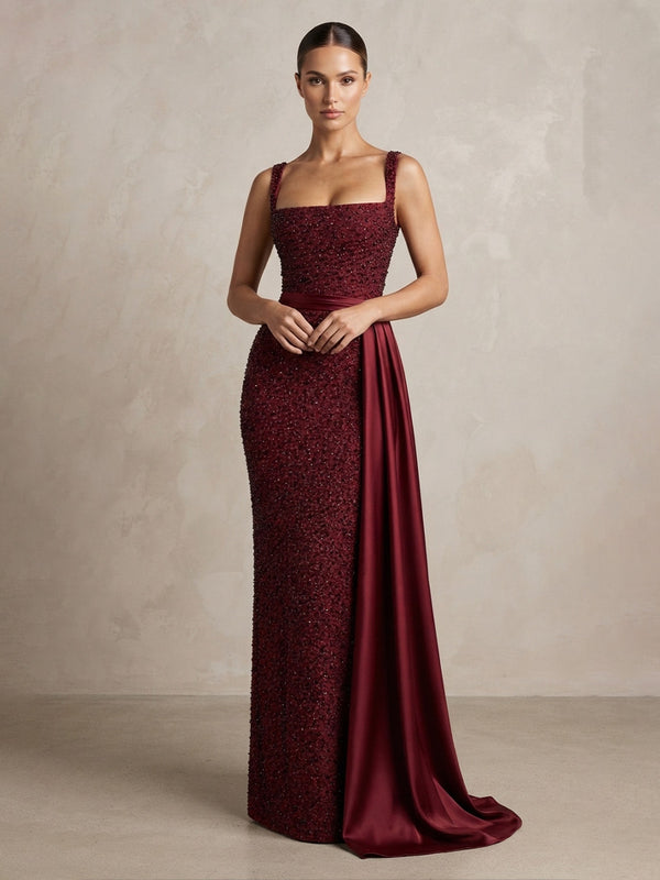 Sheath/Column Square Neck Sequin Maxi Formal Dresses with Side Sash