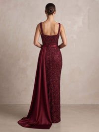Sheath/Column Square Neck Sequin Maxi Formal Dresses with Side Sash
