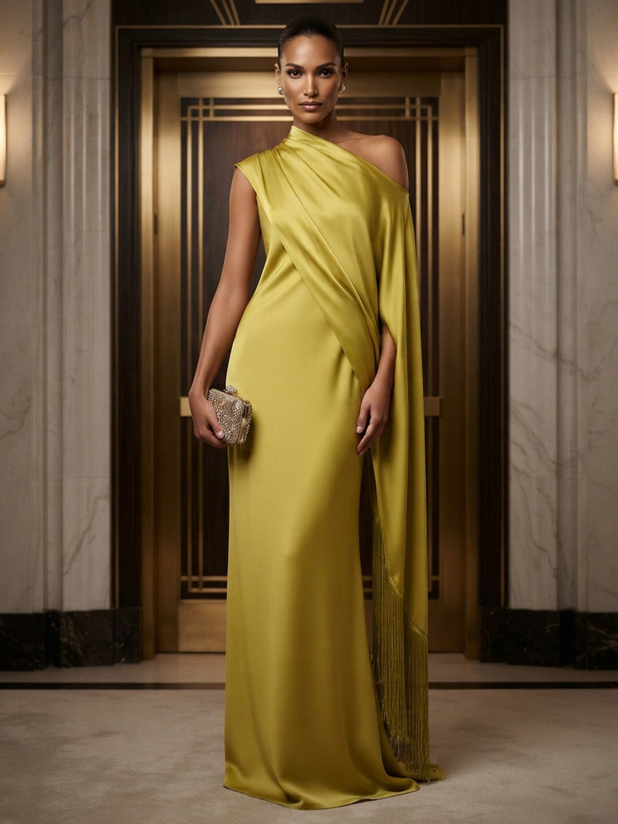 Mermaid/Trumpet Asymmetric Neck Satin Maxi Formal Dresses with Tassel & Side Sash