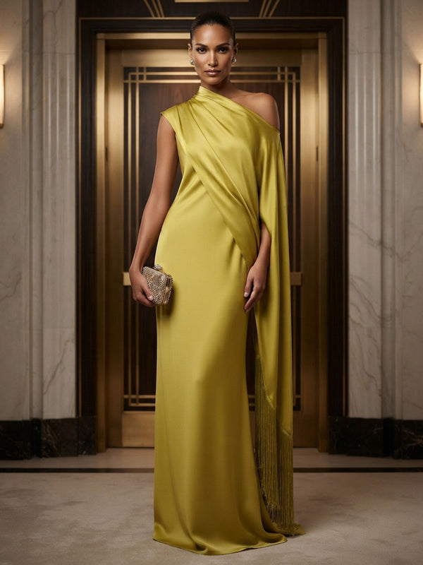 Mermaid/Trumpet Asymmetric Neck Satin Maxi Formal Dresses with Tassel & Side Sash