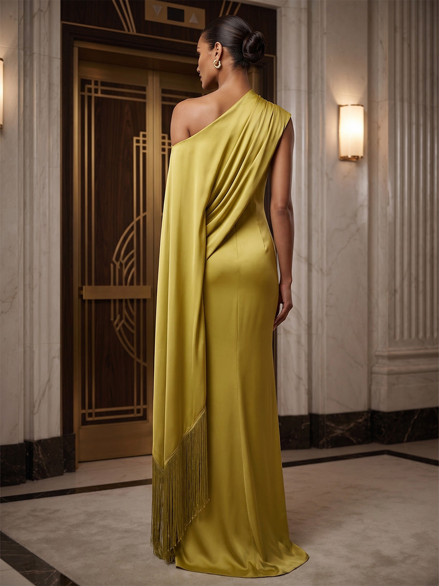 Mermaid/Trumpet Asymmetric Neck Satin Maxi Formal Dresses with Tassel & Side Sash