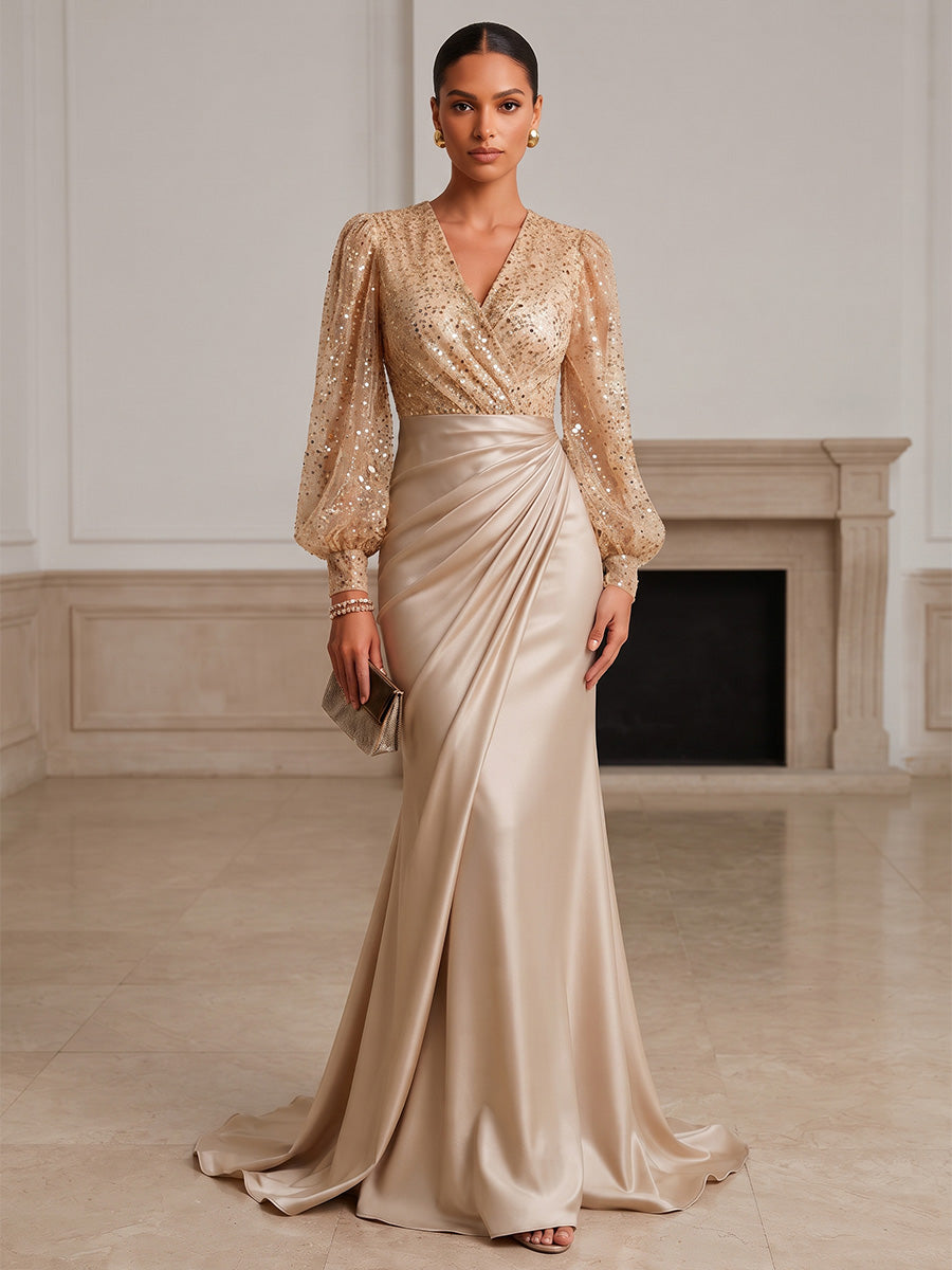 Mermaid/Trumpet V-Neck Satin Maxi Formal Dresses with Sequin, Sweep Train & Ruched Waist