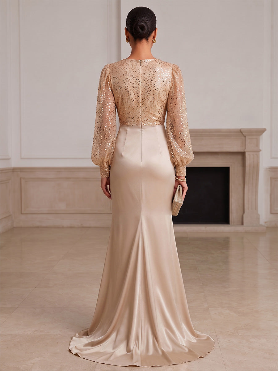 Mermaid/Trumpet V-Neck Satin Maxi Formal Dresses with Sequin, Sweep Train & Ruched Waist