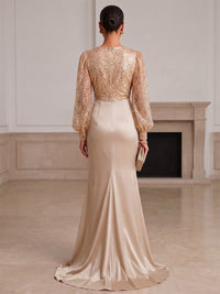 Mermaid/Trumpet V-Neck Satin Maxi Formal Dresses with Sequin, Sweep Train & Ruched Waist