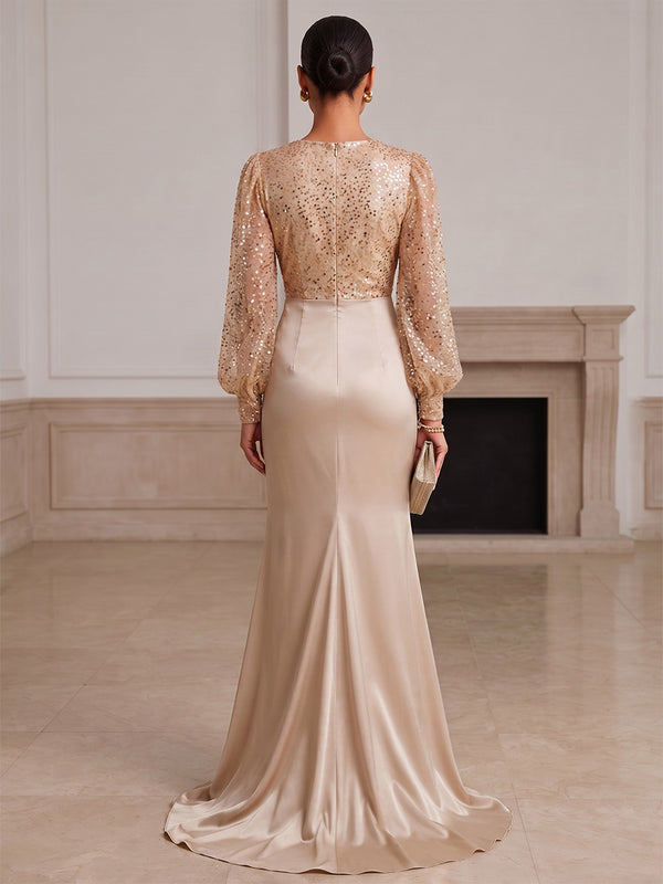 Mermaid/Trumpet V-Neck Satin Maxi Formal Dresses with Sequin, Sweep Train & Ruched Waist