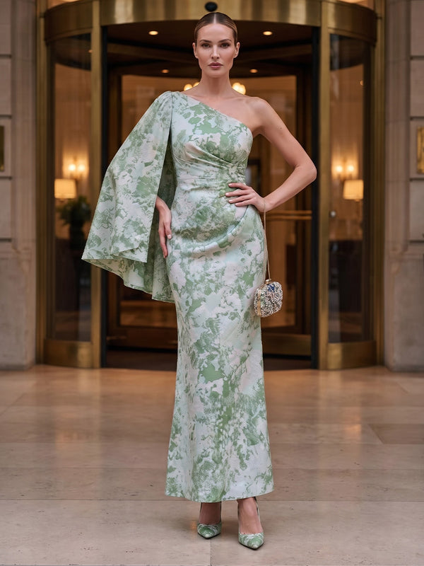 Sheath/Column One Shoulder Jacquard Tea-Length Formal Dresses with Ruched Waist & Side Sash