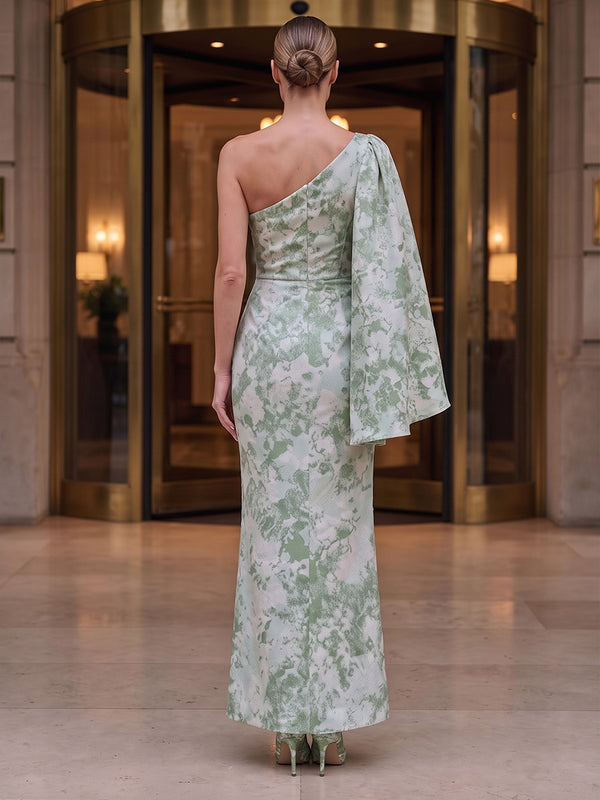 Sheath/Column One Shoulder Jacquard Tea-Length Formal Dresses with Ruched Waist & Side Sash