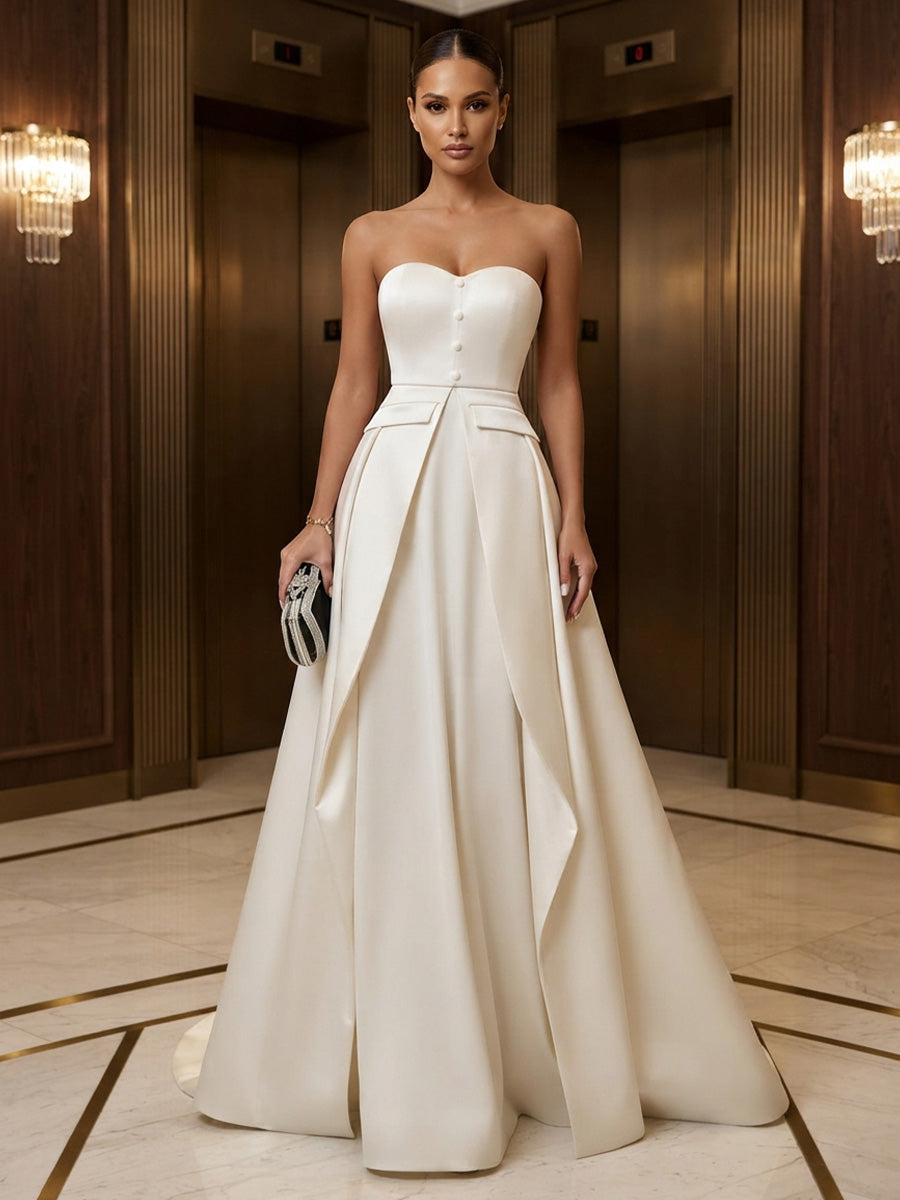 A-Line/Princess Strapless Satin Maxi Formal Dresses with Pleats
