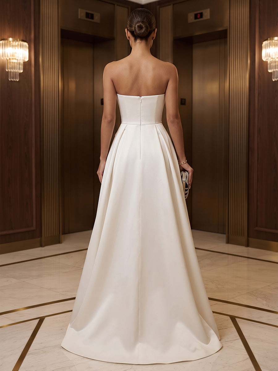 A-Line/Princess Strapless Satin Maxi Formal Dresses with Pleats