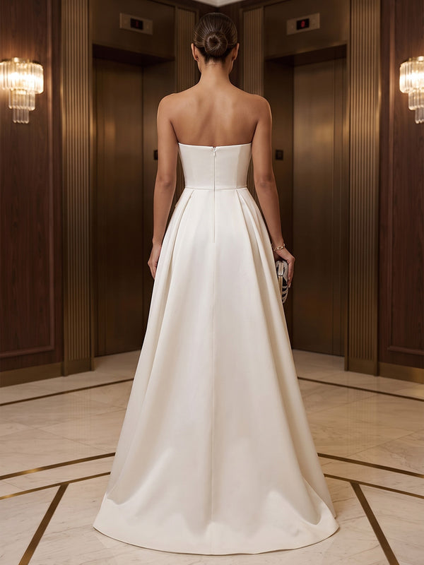 A-Line/Princess Strapless Satin Maxi Formal Dresses with Pleats