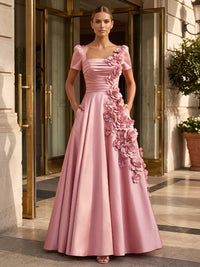 A-Line/Princess Square Neck Satin Maxi Formal Dresses with 3D Flowers, Ruched Bodice & Pleats