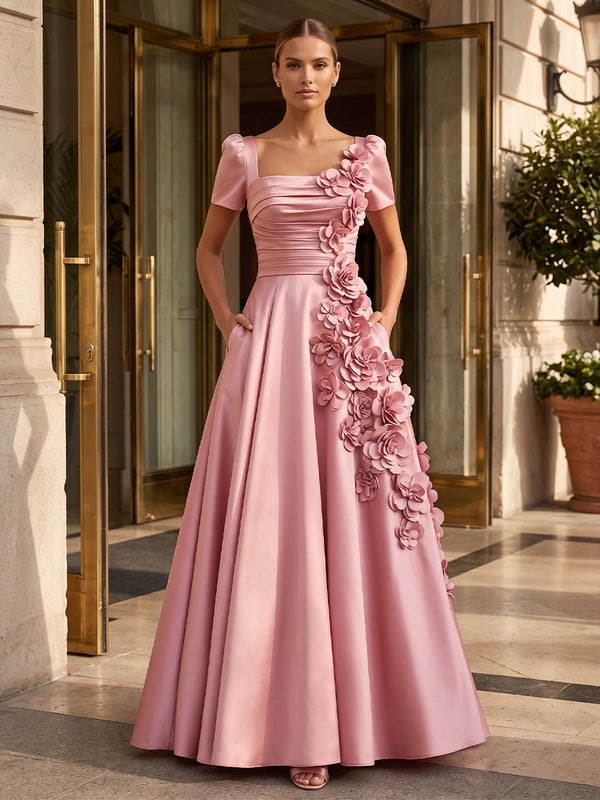 A-Line/Princess Square Neck Satin Maxi Formal Dresses with 3D Flowers, Ruched Bodice & Pleats