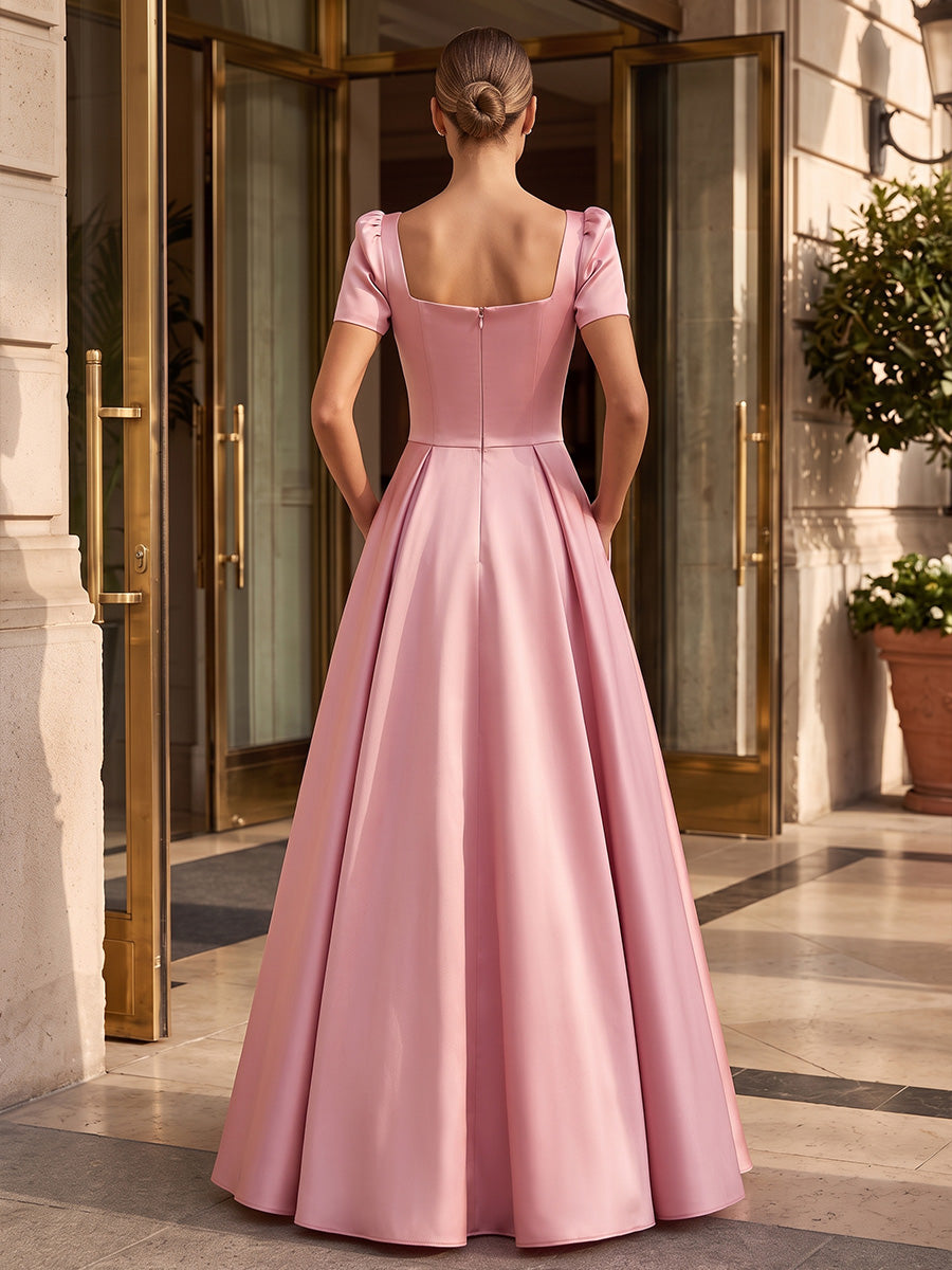 A-Line/Princess Square Neck Satin Maxi Formal Dresses with 3D Flowers, Ruched Bodice & Pleats