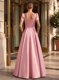 A-Line/Princess Square Neck Satin Maxi Formal Dresses with 3D Flowers, Ruched Bodice & Pleats