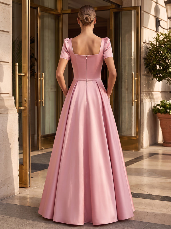 A-Line/Princess Square Neck Satin Maxi Formal Dresses with 3D Flowers, Ruched Bodice & Pleats