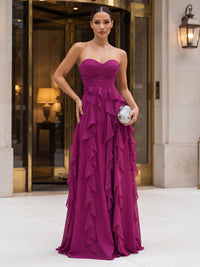 A-Line/Princess Strapless Chiffon Maxi Formal Dresses with Tiered Layers & Ruffles
