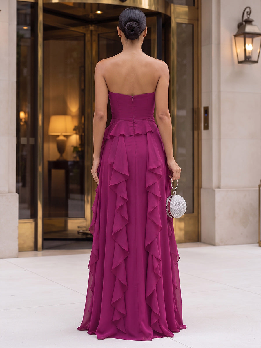 A-Line/Princess Strapless Chiffon Maxi Formal Dresses with Tiered Layers & Ruffles