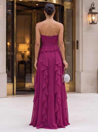 A-Line/Princess Strapless Chiffon Maxi Formal Dresses with Tiered Layers & Ruffles