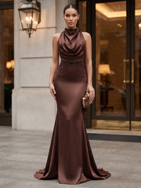 Mermaid/Trumpet Cowl Neck Satin Maxi Formal Dresses with Lace Appliques & Sweep Train