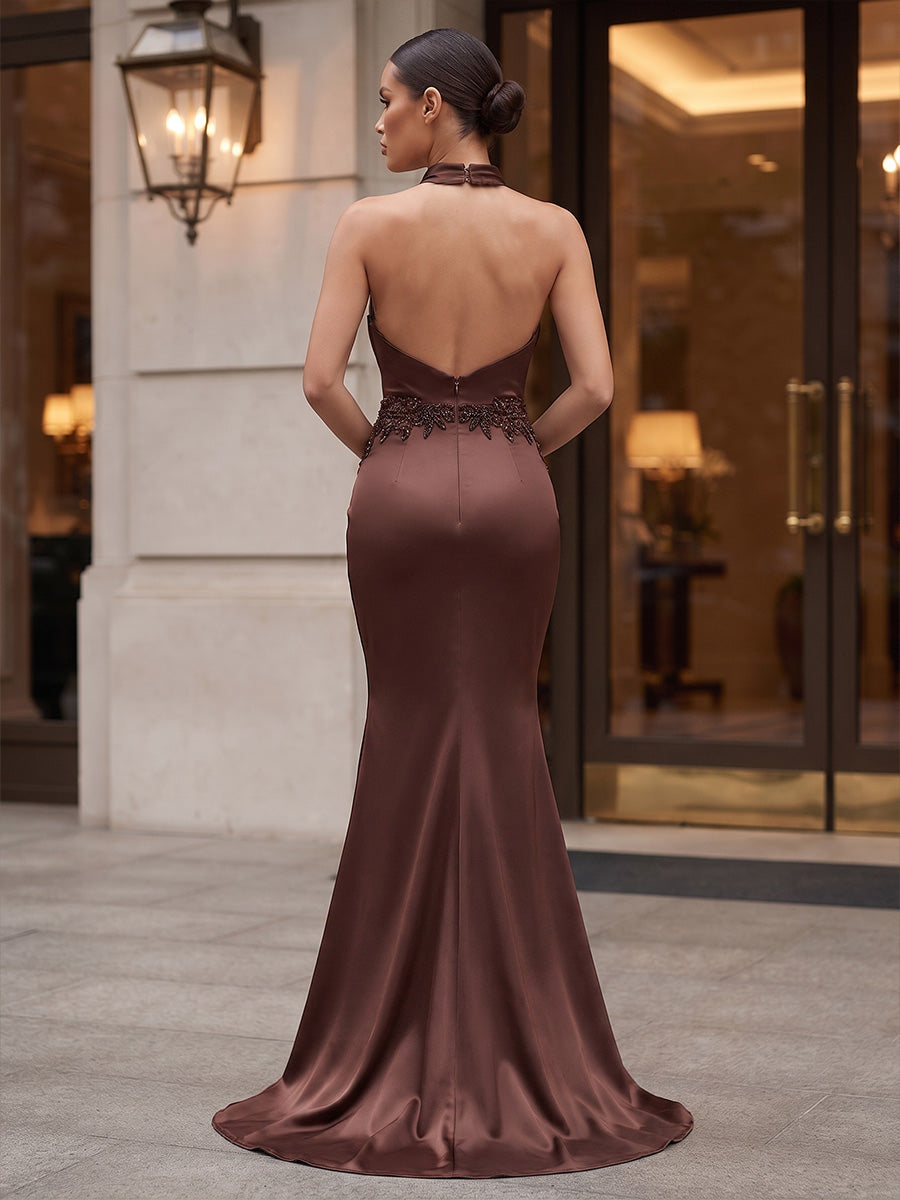 Mermaid/Trumpet Cowl Neck Satin Maxi Formal Dresses with Lace Appliques & Sweep Train
