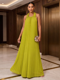 A-Line/Princess Halter Chiffon Maxi Formal Dresses with 3D Flowers & Pleats