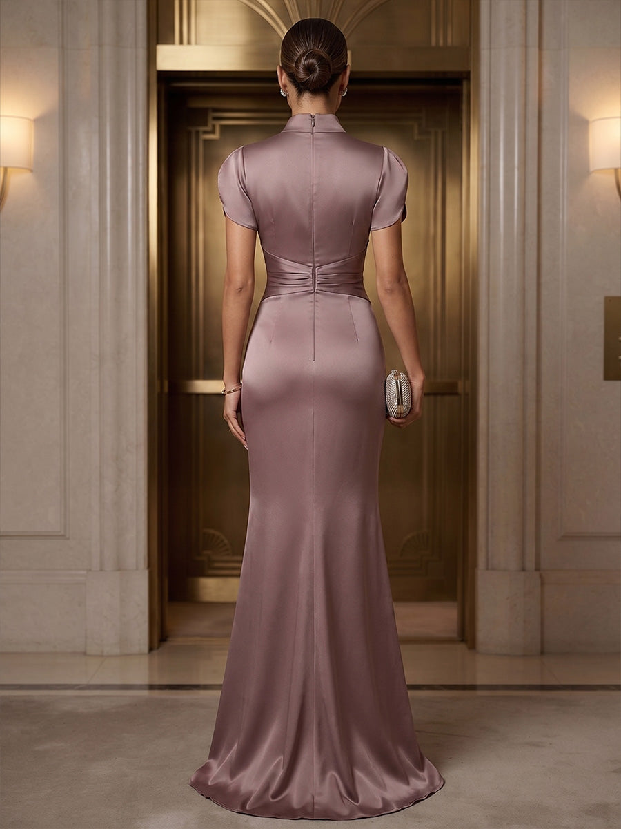 Mermaid/Trumpet High Neck Satin Maxi Formal Dresses with Ruched Waist