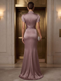 Mermaid/Trumpet High Neck Satin Maxi Formal Dresses with Ruched Waist