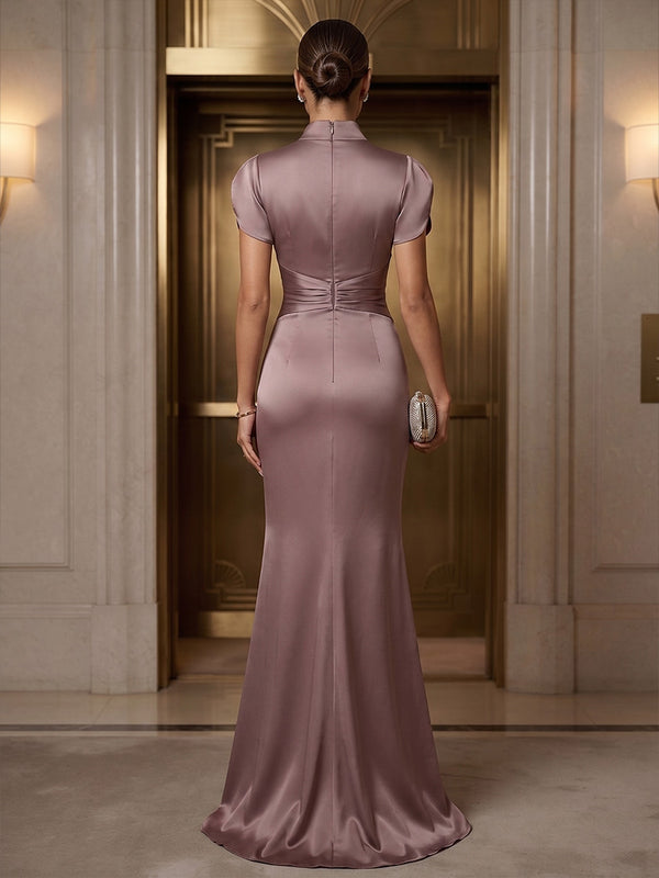 Mermaid/Trumpet High Neck Satin Maxi Formal Dresses with Ruched Waist