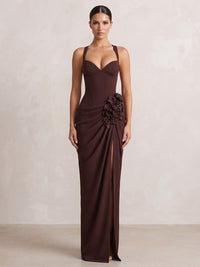 Sheath/Column Sweetheart Stretch Jersey Maxi Formal Dresses with 3D Flowers, Ruched Waist & Slit