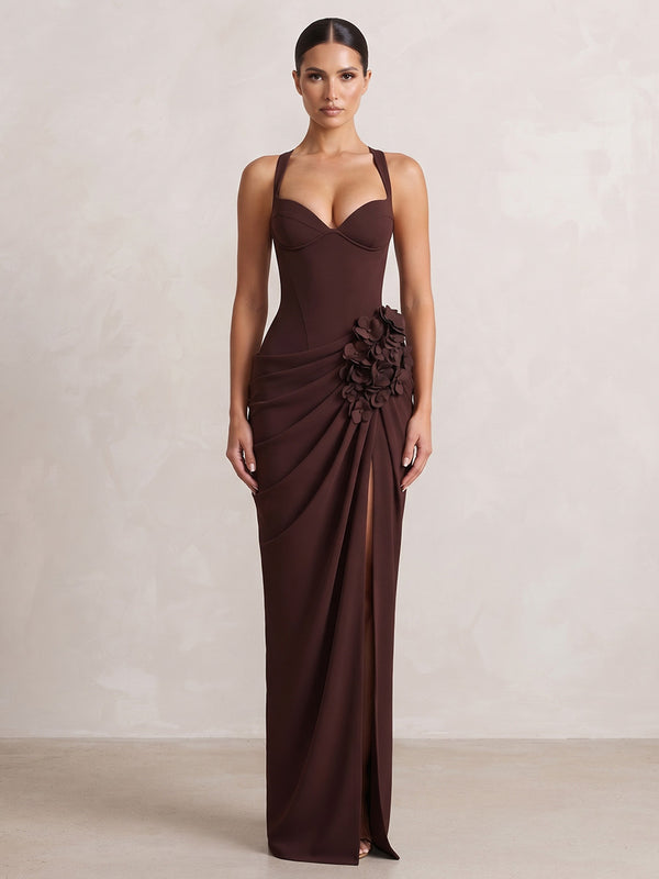 Sheath/Column Sweetheart Stretch Jersey Maxi Formal Dresses with 3D Flowers, Ruched Waist & Slit