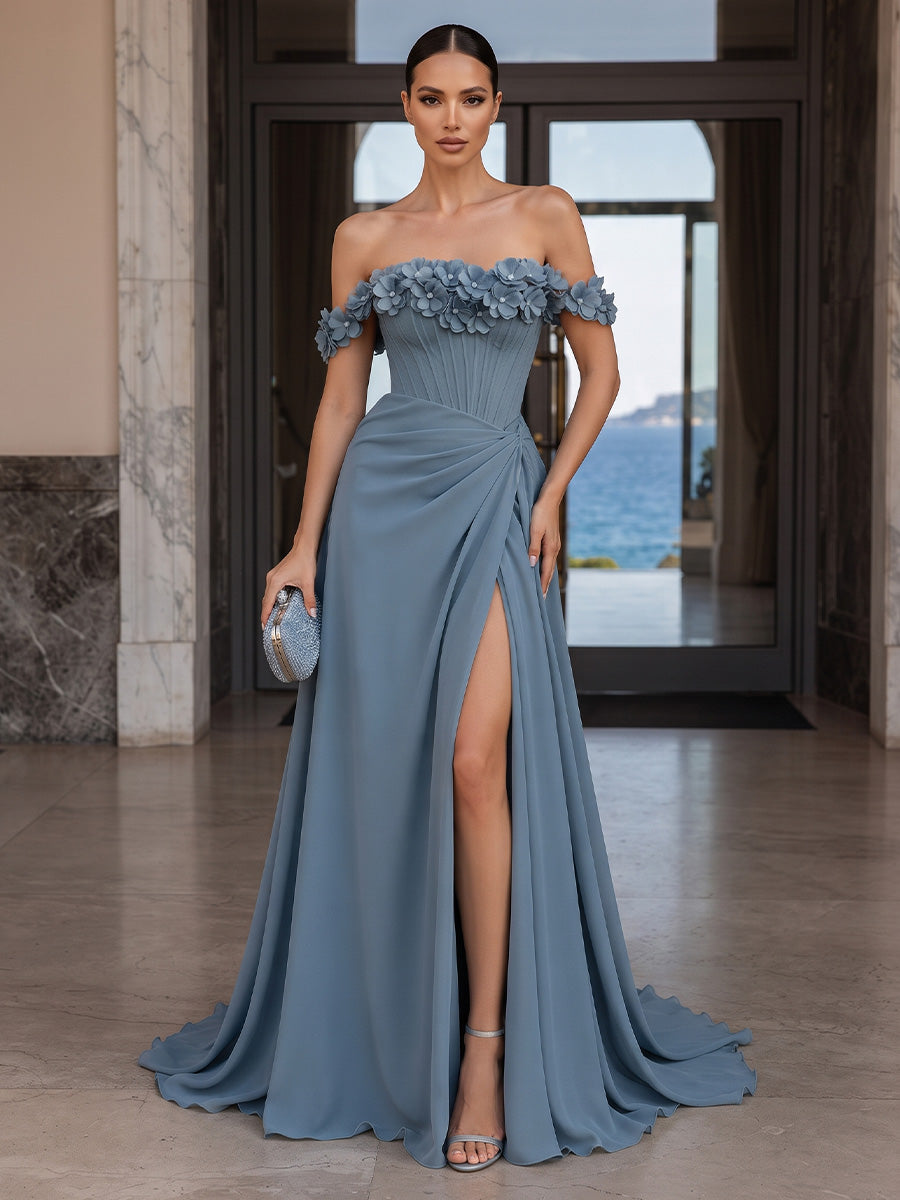 A-Line/Princess Off Shoulder Chiffon Maxi Formal Dresses with 3D Flowers, Corset Bodice & Slit