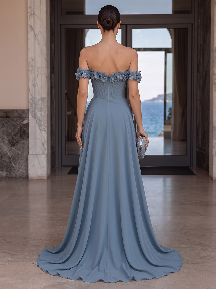 A-Line/Princess Off Shoulder Chiffon Maxi Formal Dresses with 3D Flowers, Corset Bodice & Slit