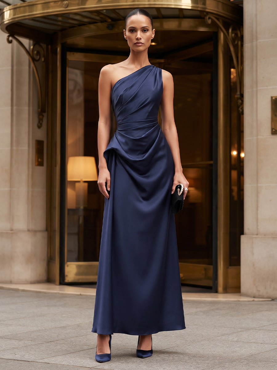 A-Line/Princess One Shoulder Satin Tea-Length Formal Dresses with Ruched Waist