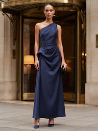 A-Line/Princess One Shoulder Satin Tea-Length Formal Dresses with Ruched Waist