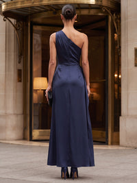 A-Line/Princess One Shoulder Satin Tea-Length Formal Dresses with Ruched Waist