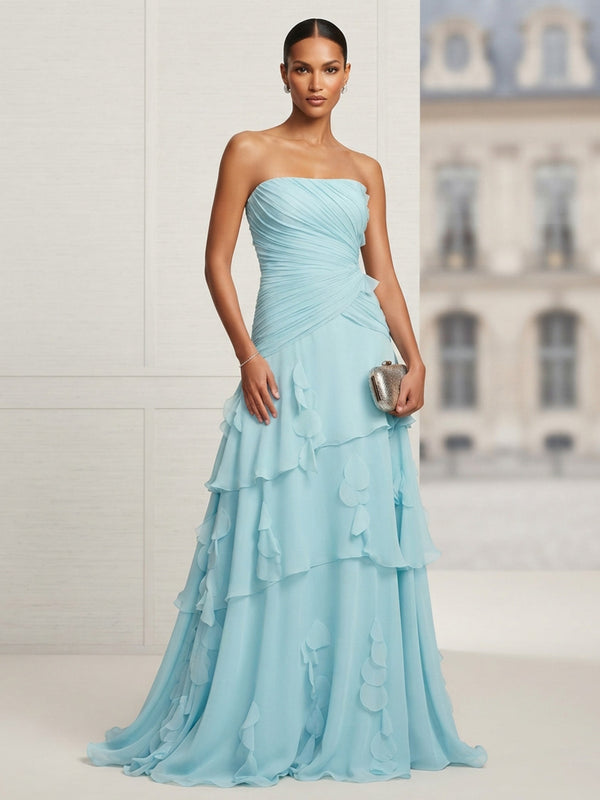 A-Line/Princess Strapless Chiffon Maxi Formal Dresses with Ruffles, Ruched Bodice & Tiered Layers