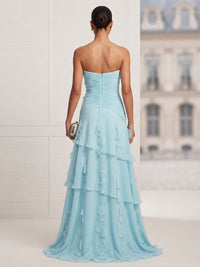 A-Line/Princess Strapless Chiffon Maxi Formal Dresses with Ruffles, Ruched Bodice & Tiered Layers
