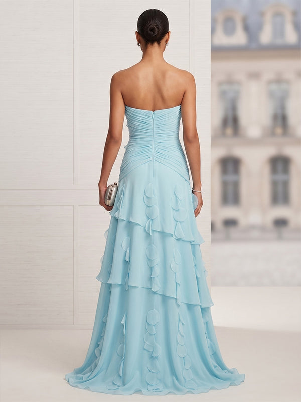 A-Line/Princess Strapless Chiffon Maxi Formal Dresses with Ruffles, Ruched Bodice & Tiered Layers