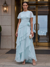 A-Line/Princess Scoop Neck Chiffon Tea-Length Formal Dresses with Ruffles, Ruched Bodice, 3D Flowers & Tiered Layers