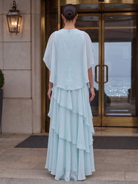 A-Line/Princess Scoop Neck Chiffon Tea-Length Formal Dresses with Ruffles, Ruched Bodice, 3D Flowers & Tiered Layers