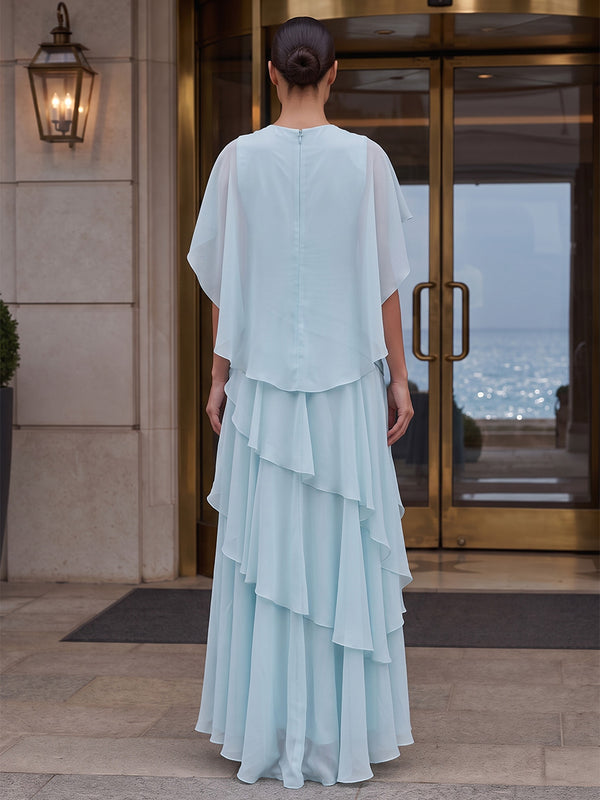 A-Line/Princess Scoop Neck Chiffon Tea-Length Formal Dresses with Ruffles, Ruched Bodice, 3D Flowers & Tiered Layers