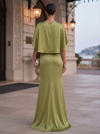 Mermaid/Trumpet V-Neck Satin Maxi Formal Dresses with Cape