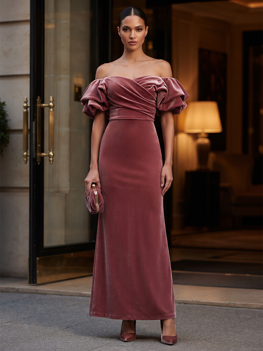 Sheath/Column Off Shoulder Velvet Tea-Length Formal Dresses with Ruched Bodice & Ruffles