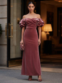Sheath/Column Off Shoulder Velvet Tea-Length Formal Dresses with Ruched Bodice & Ruffles