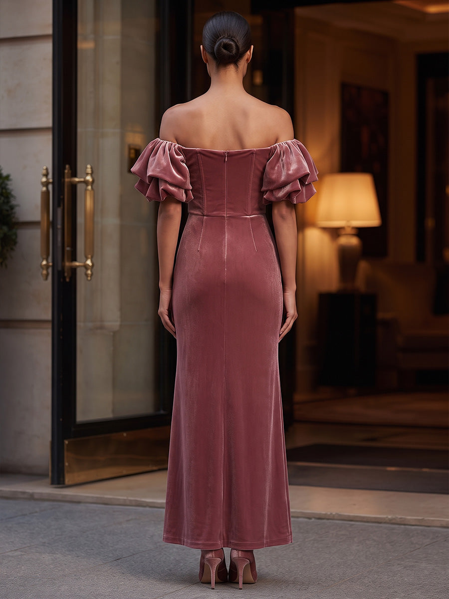 Sheath/Column Off Shoulder Velvet Tea-Length Formal Dresses with Ruched Bodice & Ruffles
